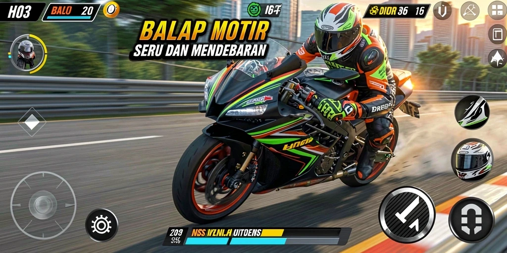 Gameplay H03 dengan balapan motor seru dan menegangkan.