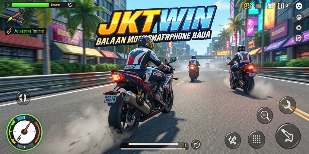 Gameplay mendebarkan di JKTWIN dengan motor balap yang cepat.