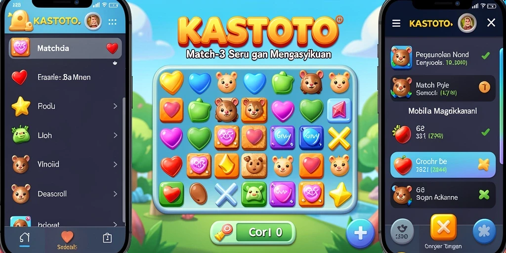 Screenshot gameplay KASTOTO menampilkan elemen puzzle yang berwarna-warni.