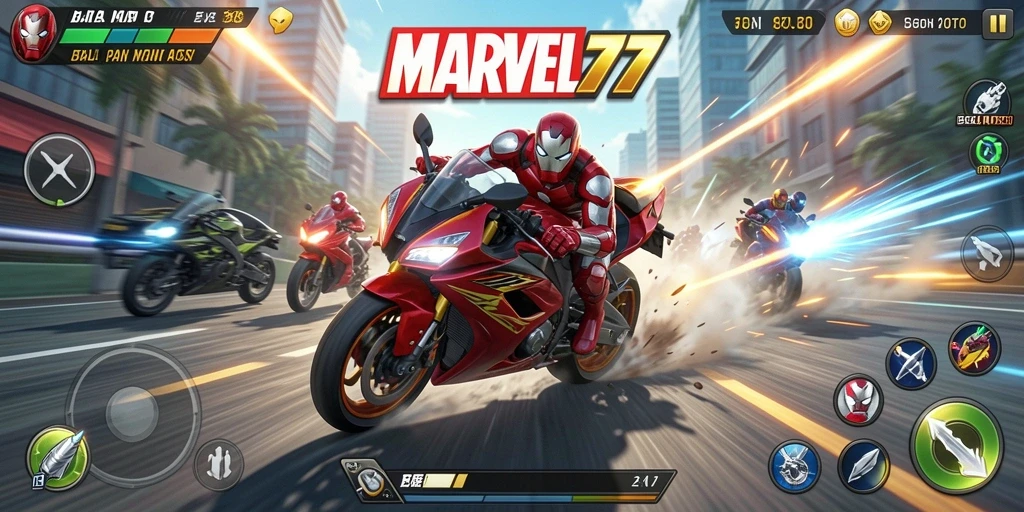 Tangkapan layar gameplay <strong>MARVEL77</strong> menampilkan balapan motor yang menegangkan di trek yang beragam.