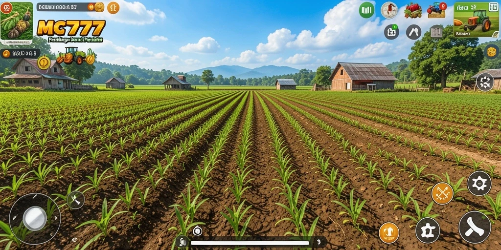 Tangkapan layar gameplay MC777 yang menunjukkan ladang penuh tanaman hijau.