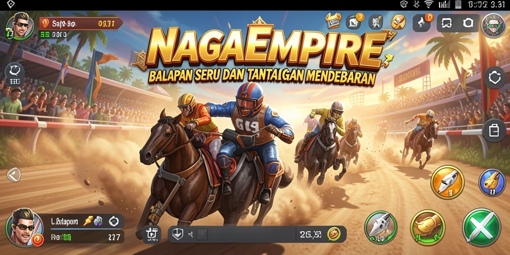 Tampilan menarik dari gameplay balapan NAGAEMPIRE dengan mobil dan trek yang seru.