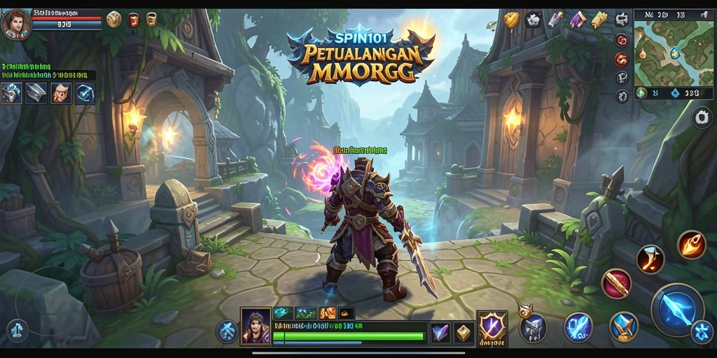 Screenshot gameplay SPIN101 menampilkan lingkungan MMORPG yang kaya dan interaksi pemain.