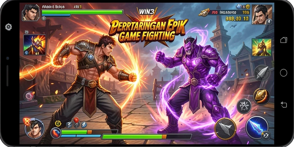 Screenshot gameplay WIN33, menampilkan pertarungan seru antara karakter.